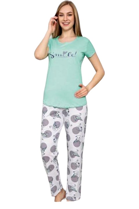 Pijama dama, StarFashion, 2 piese, tricou si pantaloni lungi, bumbac, albastru, L