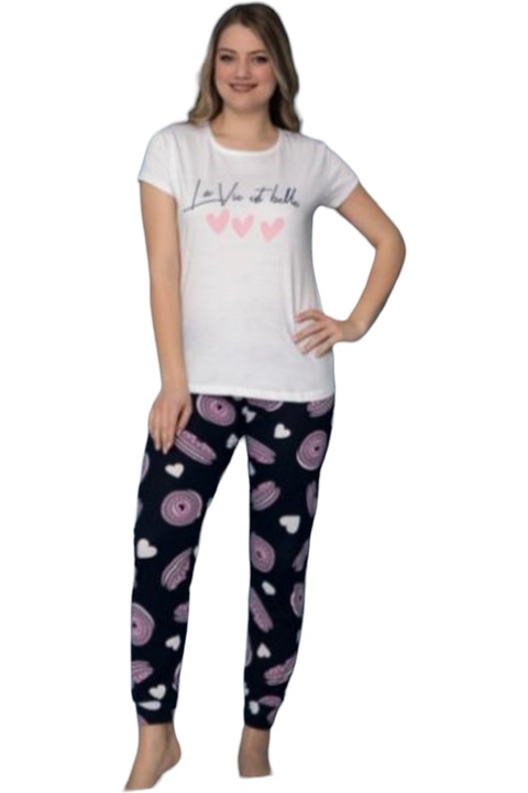 Pijama dama, StarFashion, 2 piese, tricou si pantaloni lungi, bumbac, negru, M