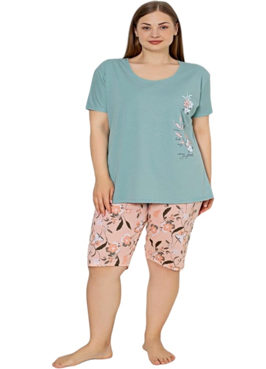 Pijama dama, StarFashion, 2 piese, tricou si pantalon scurt, model Capri, marimi mari, Albastru