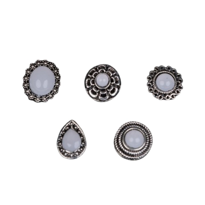 5 pár vintage fülbevaló készlet, geometriai, ezüst/fehér, gyöngyház