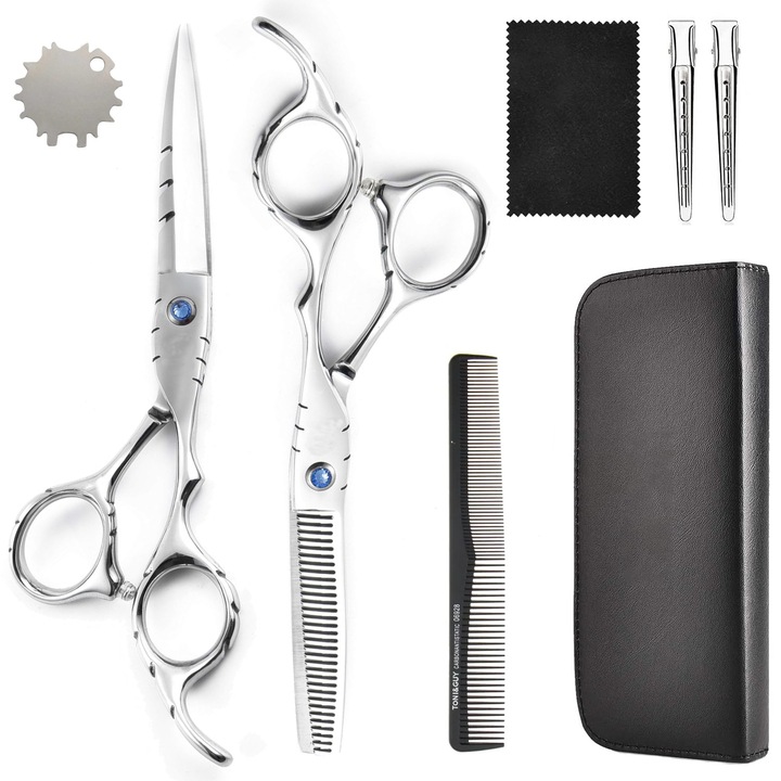 Set foarfeca tuns si foarfeca filat, Inox, Serenity Cut, 8 piese, clipsuri metalice, pieptan carbon, husa depozitare, cheita reglare tensiune