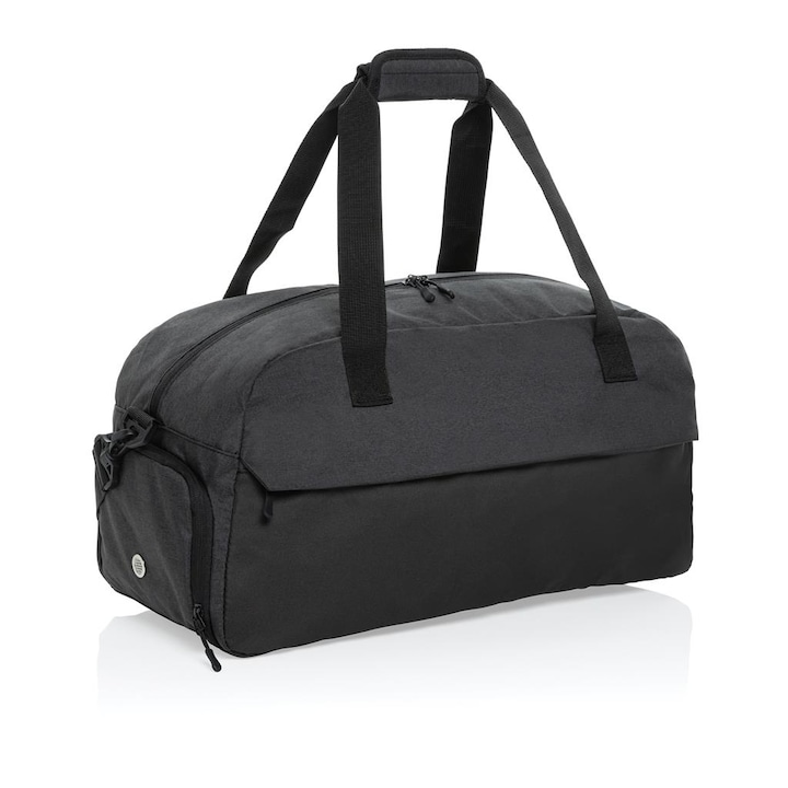 Спортна чанта за фитнес, рециклиран полиестер, с отделение за обувки, 25,5 х 23 х 50,5 см, капацитет 25 л, черна