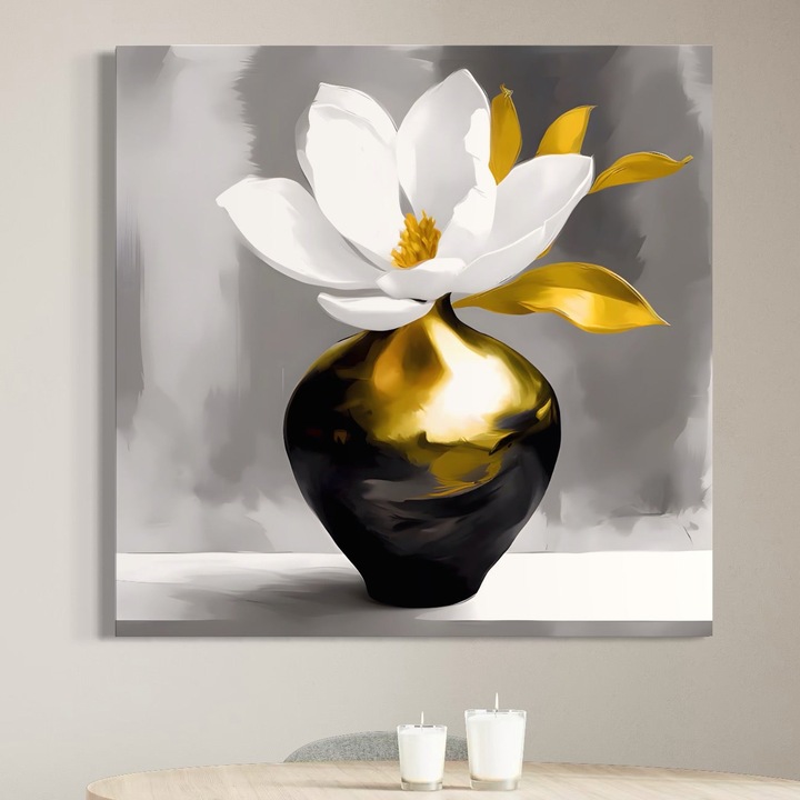 Премиум картина върху платно, LuxCanva® A1576, Хармония в цветовете, 75 X 75 см, 100% памучно платно 400 г/м2, дървена рамка, хол, цвете, ваза, злато, растение, стая, ярки цветове