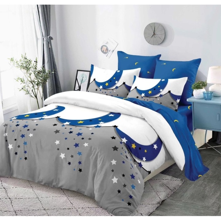 Lenjerie pat dublu, Primavara, Cearceaf cu Elastic, 6 piese, 2 persoane, 180x200cm, Finet, Luna cu Stele, Multicolor