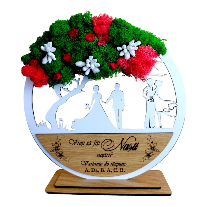 Tablou copacul vietii personalizat cu mesaj standard pentru nasi, fini, familie, "Vreti sa fiti Nasii nostri...", decorat cu licheni stabilizati, dimensiune 20cm, model 1, alb