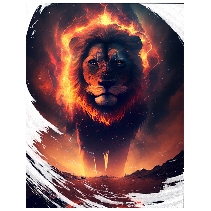 Sticker Cu Portret Leu invingator In Flacari, Personaj Stil Film Regele Leu, Motivational, Iubitorii De animale, Multicolor cu Margini Albe, PVC Vinyl 40 cm