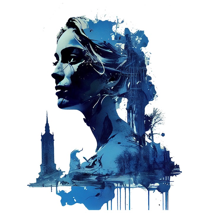 Sticker Cu Portret Stil Fata Invingatoare Inghetat, Turn Inalt, Minte Luminata, Multicolor, cu Margini Albe, PVC Vinyl 90 cm