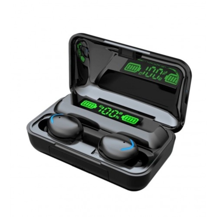 Безжични слушалки Planet Tech, F9-5C, Bluetooth 5.0, TWS, Стерео, IPX7, Цифров дисплей, Водоустойчиви, Черен