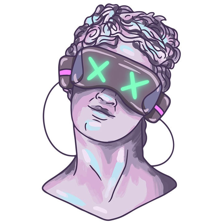 Sticker Cu Portret Sculptura Cu Ochelari VR, Lumina Fosforescenta Mov, Stil Grecesc, Cadou Pentru Iubitorii De Arta, Multicolor, cu Margini Albe, PVC Vinyl 90 cm