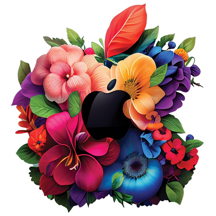 Sticker Cu Simbol Stil Apple, Mar Plin De Flori Inflorite Muscat, Steave Jobs, Tehnologie Avansata, Multicolor cu Margini Albe, PVC Vinyl 90 cm