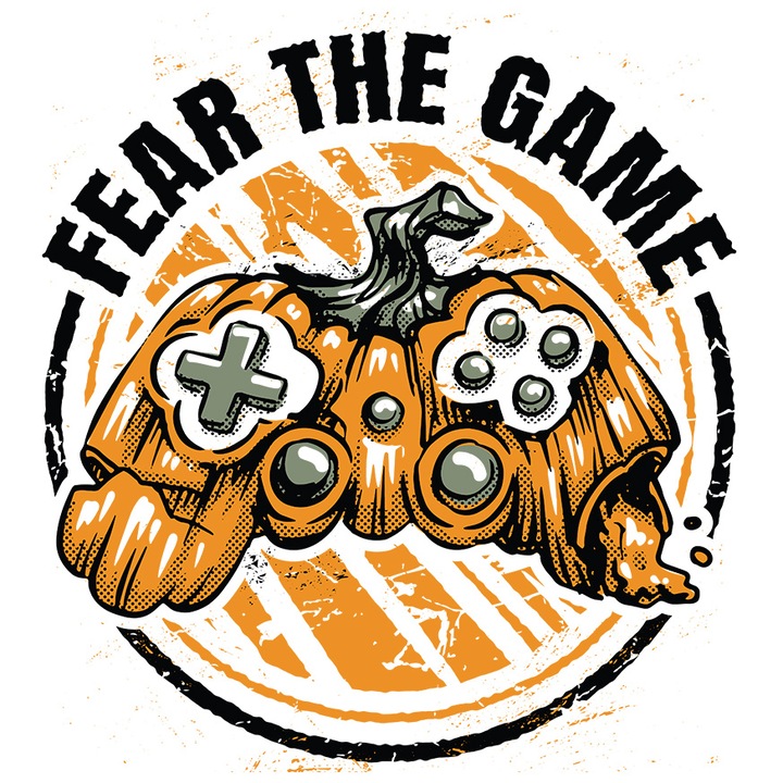 Sticker Cu Maneta Play Station Din Dovleac Uscat, Text In Engleza Fear The Game, Gameri, Cadou Pentru Iubitorii De Jocuri Video, Multicolor, cu Margini Albe, PVC Vinyl 23 cm