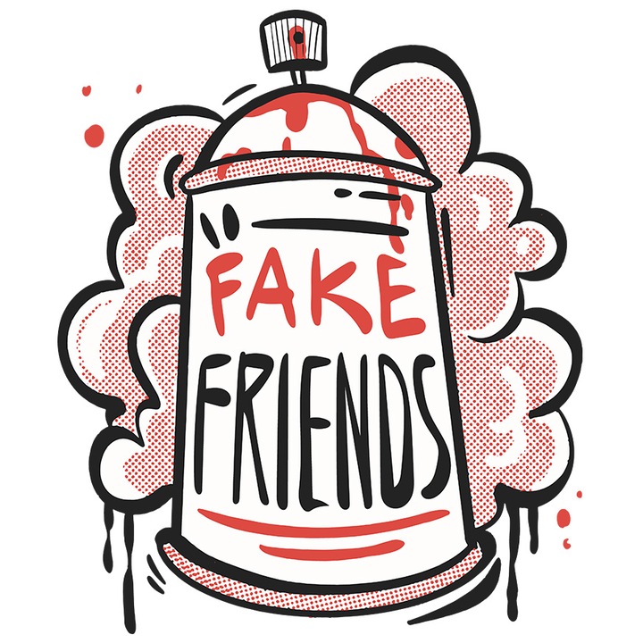 Стикер спрей за графити, текст на английски език Fake Friends, червена боя, подарък за любителите на графити, многоцветен, бяла рамка, PVC винил 10 см