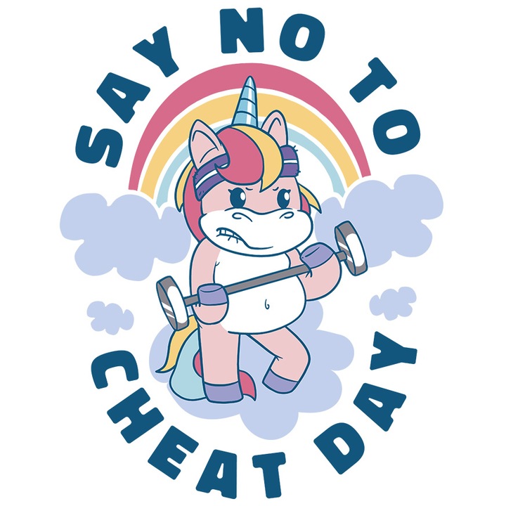 Sticker Cu Mesaj Motivational Say No To Cheat Day, Unicorn Care Trage De Fiare Ridica Greutati, Curcubeu, Fitness Gym, cu Margini Albe, PVC Vinyl 90 cm