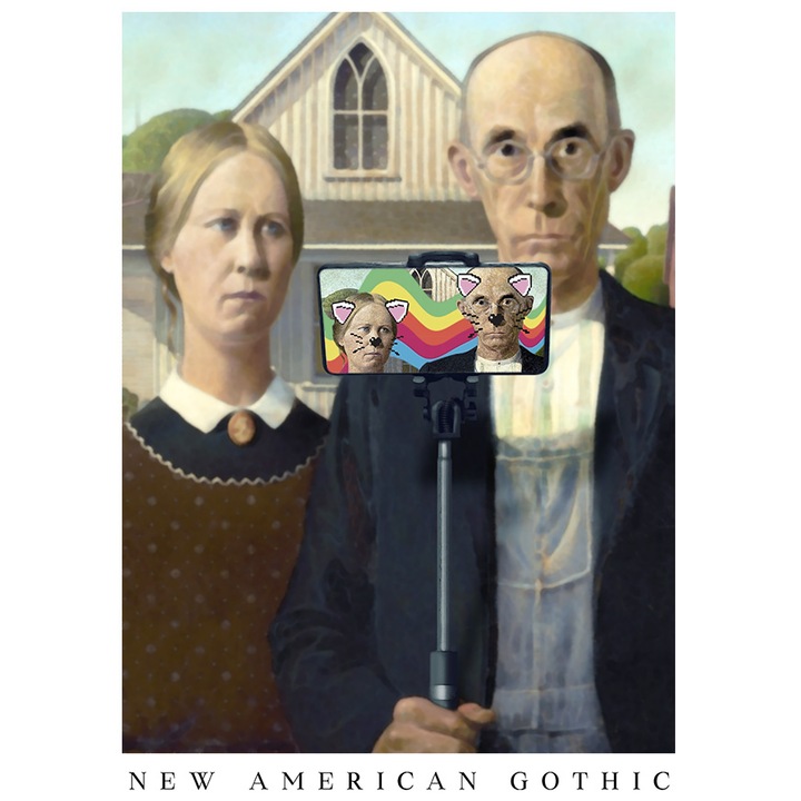 Sticker Personalizata New American Gothic, Selfie, Arta, cu Margini Albe, PVC Vinyl 15 cm
