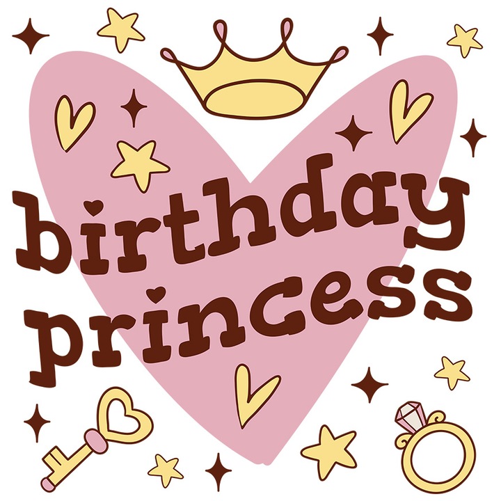 Sticker Cu Text In Engleza Birthday Princess, Multicolor, Coroana De Printesa, La Multi Anii, Aniversare cu Margini Albe, PVC Vinyl 10 cm