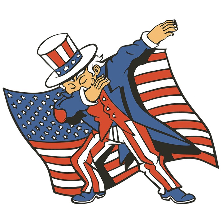 Sticker Cu Magician In Costum Aratand Semnul Dabb, Steagul Statelor Unite Ale Americi, Haios Multicolor, cu Margini Albe, PVC Vinyl 15 cm