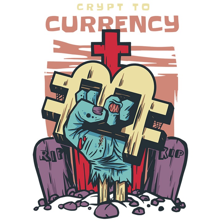 Sticker Cu Simbol Bitcoin In Mana Unui Zombi, Crypt To Currency, Crypto, Monede Virtuale, NFT, Investitii, Multicolor, cu Margini Albe, PVC Vinyl 90 cm