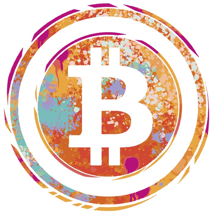 Sticker Cu Simbol Bitcoin In Cerc, Crypto, Monede Virtuale, NFT, Investitii, Multicolor, cu Margini Albe, PVC Vinyl 40 cm
