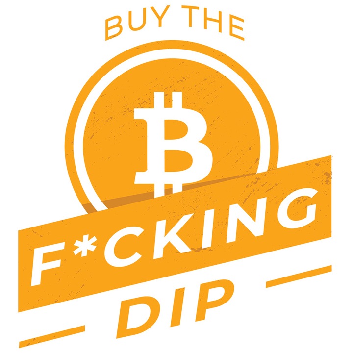 Sticker Cu Bitcoin, Text In Engleza Buy The F**king Dip, Monede Virtuale, Investitii, Digitalizare, cu Margini Albe, PVC Vinyl 40 cm