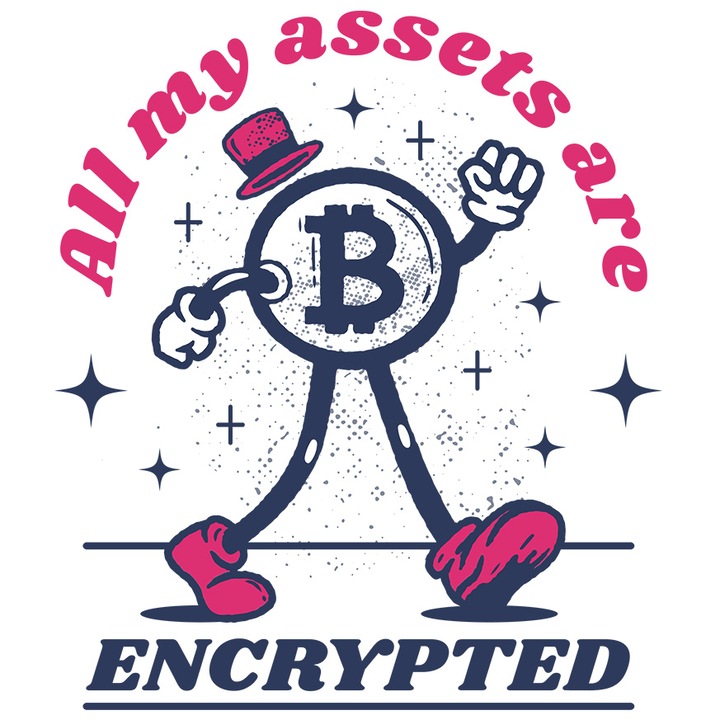 Sticker Cu Omulet Cu Palarie Roz Bitcoin, Text In Engleza All My Assets Are Encrypted, Monede Virtuale, Multcolor, cu Margini Albe, PVC Vinyl 15 cm