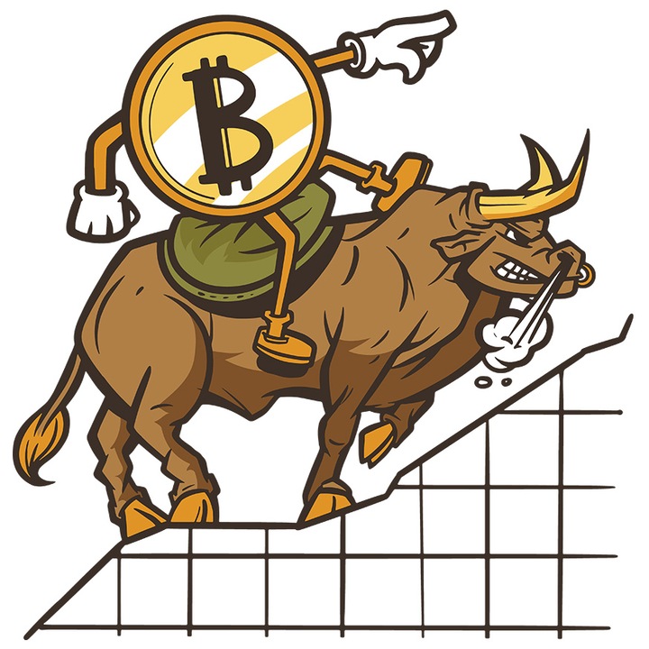 Sticker Cu Omulet Bitcoin Catarand Pe Taur Statistica, Monede Virtuale, Investitii, Digitalizare, cu Margini Albe, PVC Vinyl 10 cm