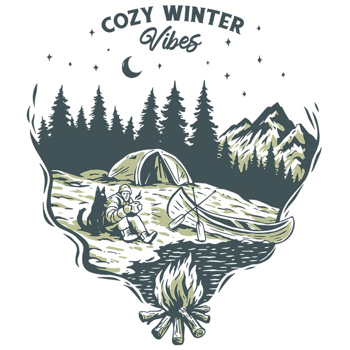 Sticker Cu Priveliste Montana, Om Stand Cu Cortul Pe Munte Cu Un Caine, Barca, FocDe tabara, Cozy Winter Vibes, cu Margini Albe, PVC Vinyl 50 cm