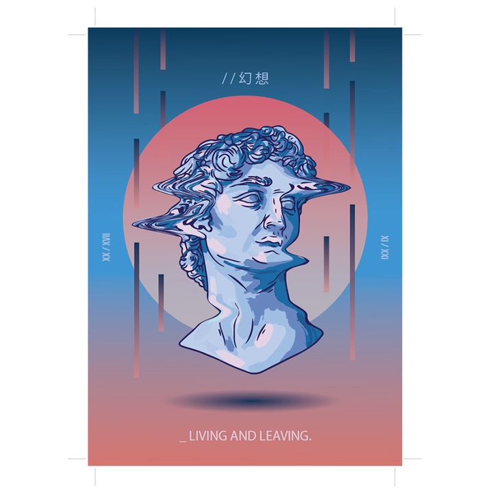 Sticker Personalizata Statuie, Abstract, Arta, Living and Leaving, cu Margini Albe, PVC Vinyl 15 cm