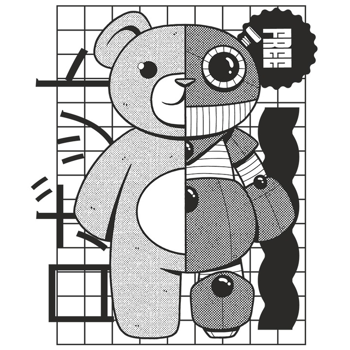 Sticker Personalizata Teddy Bear, Ursulet Robot, Cyberpunk, cu Margini Albe, PVC Vinyl 15 cm