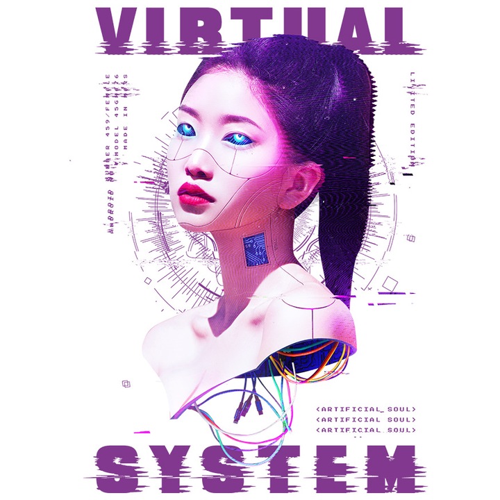 Sticker Personalizata Fata Cyberpunk, Virtual System, cu Margini Albe, PVC Vinyl 15 cm