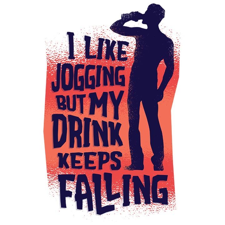 Sticker Cu Text In Engleza Haios I Like Jogging But My Drink Keeps Falling, Silueta Masculina Band, Bere, Distractie, Multicolor, cu Margini Albe, PVC Vinyl 23 cm