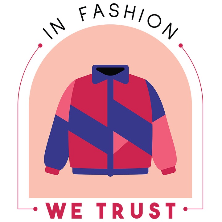 Sticker Personalizata "In Fashion We Trust", cu Margini Albe, PVC Vinyl 15 cm