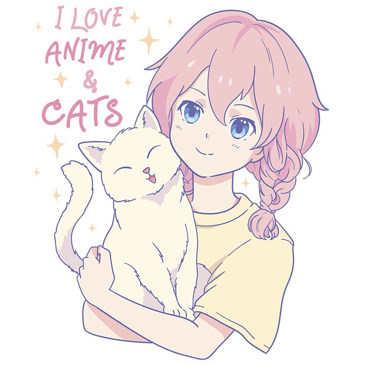 Sticker Personalizata Pentru Iubitorii de Anime si Pisici, I love Anime and Cats, cu Margini Albe, PVC Vinyl 15 cm