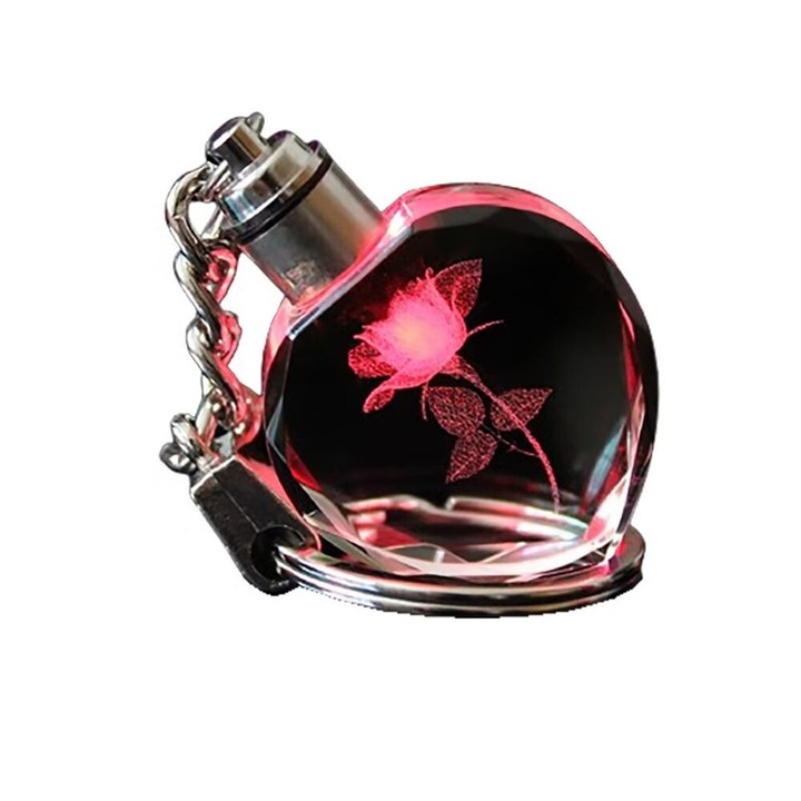 Világító kulcstartó forgatható rózsával, üveg, piros