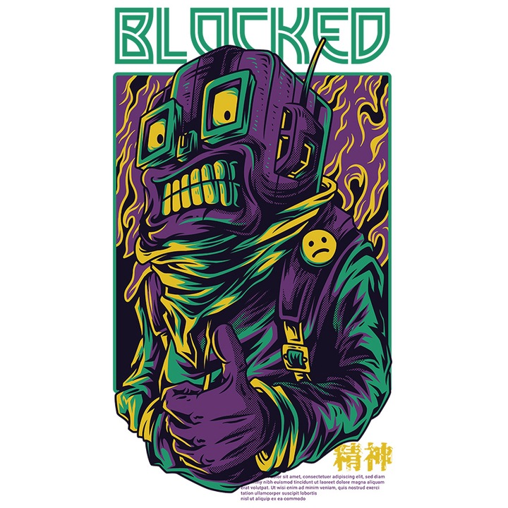 Sticker Cu Robot Cu Ochelarii Si Zambe Larg Aratand Semn Ok, Text In Engleza Blocked, Ilustratie, Unica, Creativitate, cu Margini Albe, PVC Vinyl 10 cm