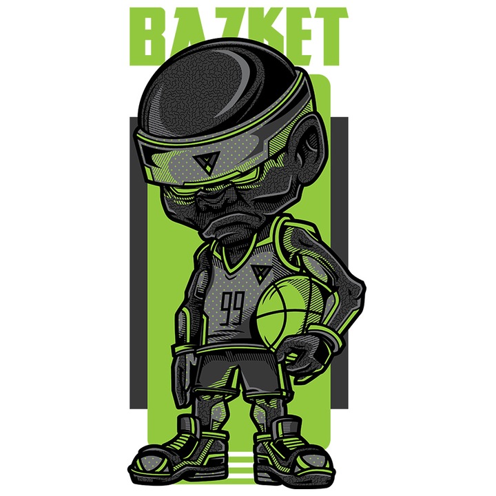 Sticker Cu Barbat IN Echipament Sport Bascketball, Text In Engleza Bazket, Ilustratie, Unica, Creativitate, cu Margini Albe, PVC Vinyl 23 cm