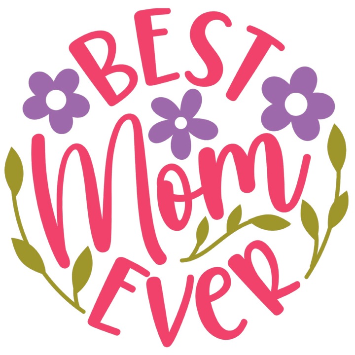 Sticker Cu Text In Engleza Best Mom Ever, Flori Mov, Cea Mai Buna mama, Iubitorii De Familie, cu Margini Albe, PVC Vinyl 23 cm