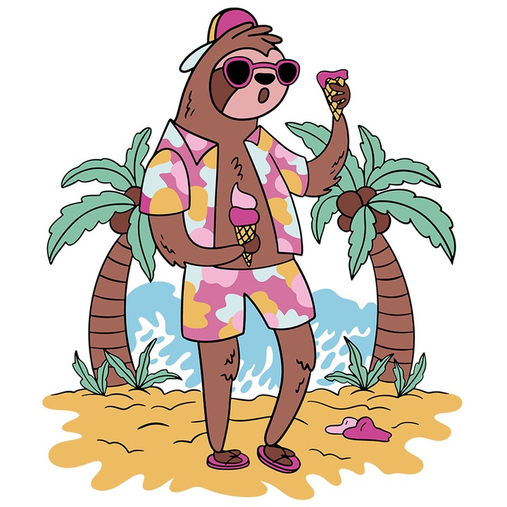 Sticker Personalizata Plaja, Inghetata, Nisip, Mare, Palmieri, cu Margini Albe, PVC Vinyl 15 cm