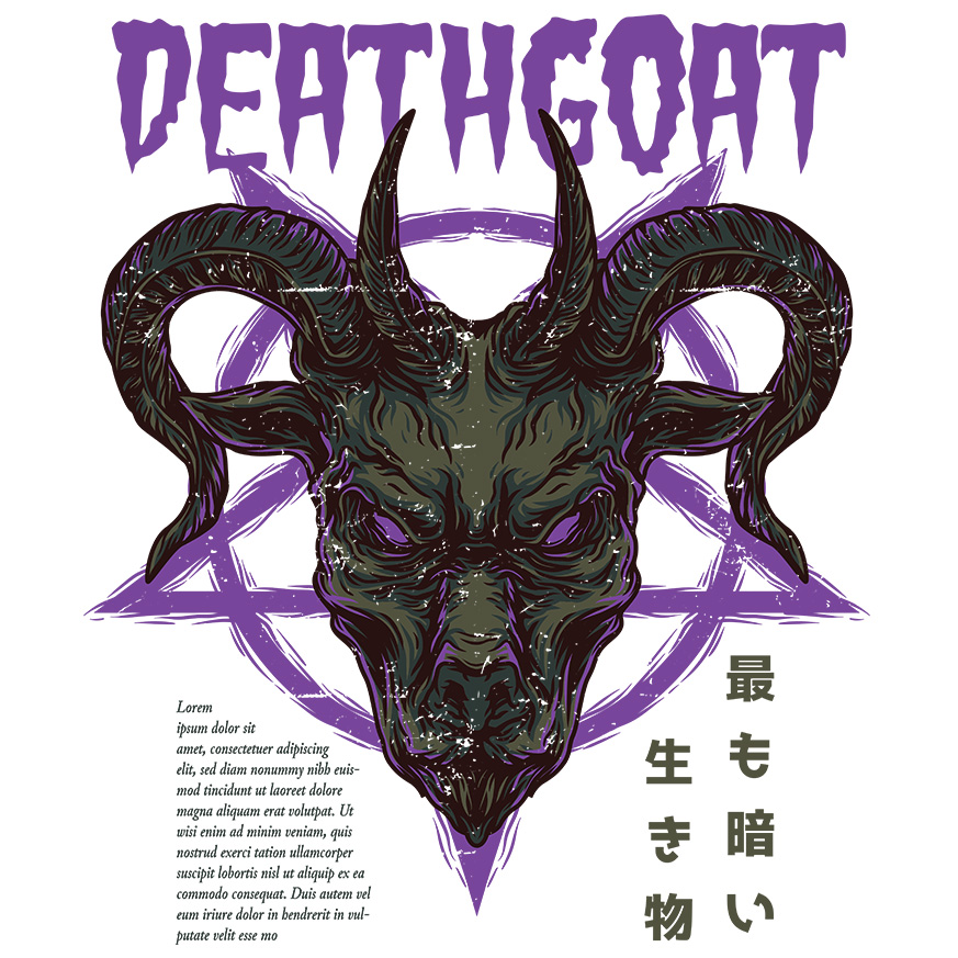 Sticker Cu Cap De Capra, Semn Iluminati Mov, Text In Engleza Death Goat, Ilustratie, Unica, Creativitate, cu Margini Albe, PVC Vinyl 23 cm