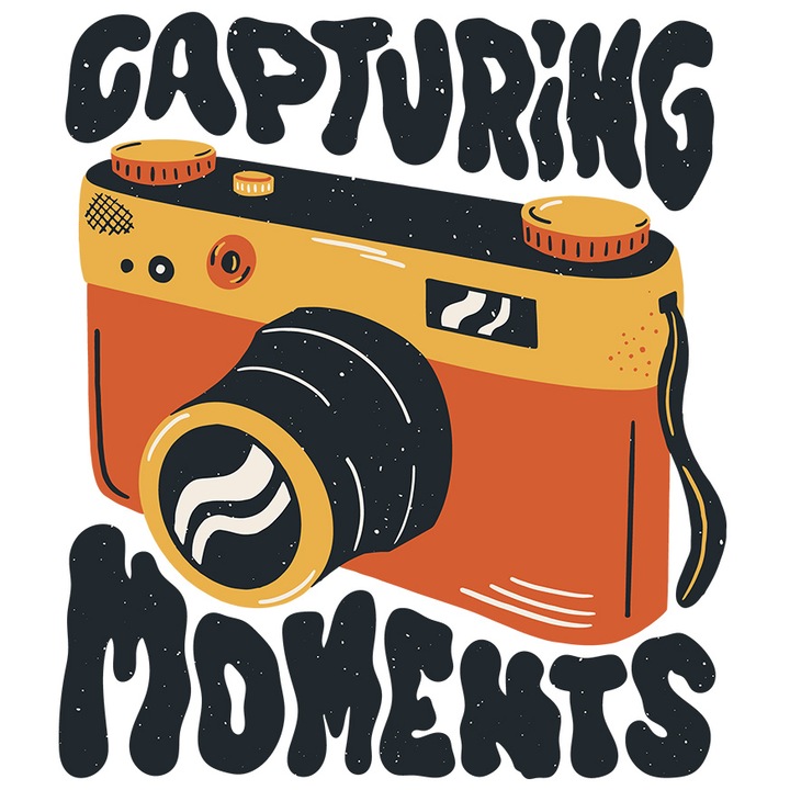Sticker Personalizata Pentru Iubitorii de Fotografie, Amintiri, cu Mesajul in Engleza Capturing Moments, cu Margini Albe, PVC Vinyl 15 cm