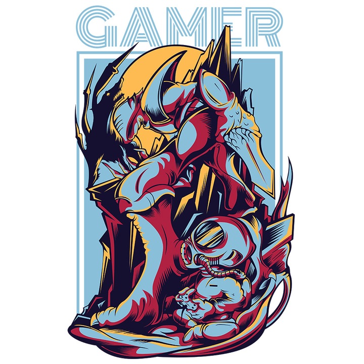 Sticker Cu Monstru Si Silueta OM In Costum De Astronaut Jucandu-se Jocuri Video, Text In Engleza Gamer, Ilustratie, Unica, Creativitate, cu Margini Albe, PVC Vinyl 23 cm