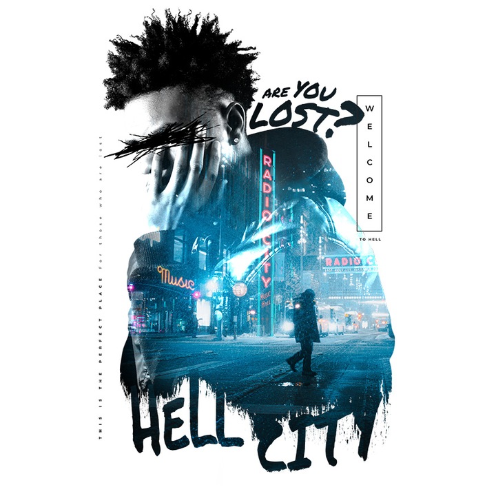 Sticker Personalizata Cyberpunk, Expunere Dubla, cu Mesajul in Engleza Are you Lost? Hell City, cu Margini Albe, PVC Vinyl 15 cm