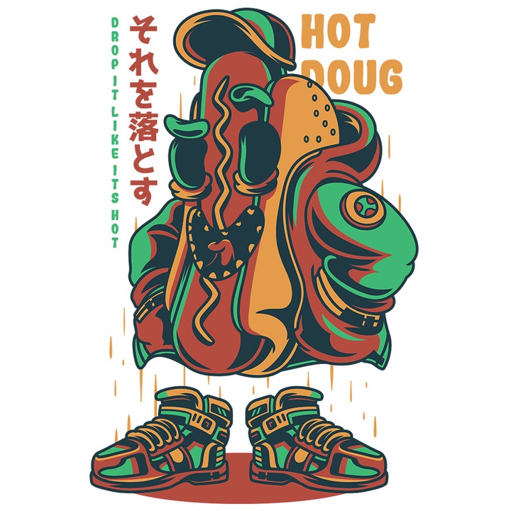 Sticker Cu Hot Dog Cu Hoodie Si Sapca, Incaltaminte Cool, Text In Engleza Hot Doug, Artwork, Ilustratie, Unica, Creativitate, cu Margini Albe, PVC Vinyl 10 cm