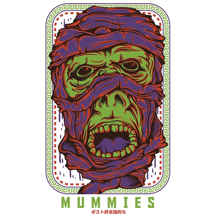 Sticker Cu Text In Engleza Mummies, Portret Mumie Gura Deschisa, Faraoni, Egypt, Iubitorii De Filme Horror, cu Margini Albe, PVC Vinyl 15 cm