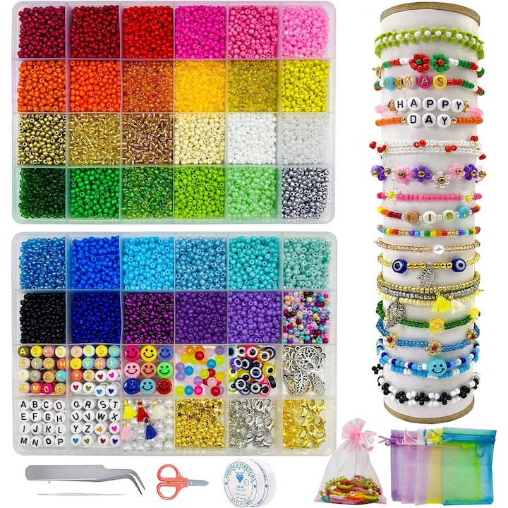 Комплект глинени мъниста 16000 бр. за изработка на гривни, 36 цвята, дистанционери, с еластична връв, висулка, бижута, многоцветни
