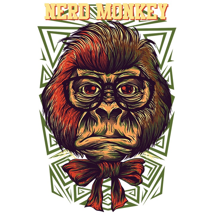 Matrica Gorilla majommal, bekötött hajjal, öltönyben, piros csokornyakkendővel és fekete szemüveggel, angol szövegű Nero Monkey, szórakozás szerelmesei, fehér szegéllyel, PVC vinil 40 cm