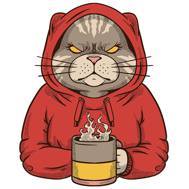 Sticker Cu Portret Pisica Suparata In Hanorac Cu Gluga Rosu, Sticker De Cafea, Desene animate, Iubitorii De Pisici Si Motani, cu Margini Albe, PVC Vinyl 50 cm