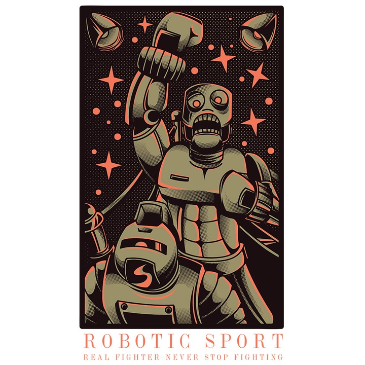 Sticker Cu Doi Roboti In Ring-ul DE Box, Text In Engleza Robotic Sport, Desene animate, Iubitorii De Tehnologie Avansata, cu Margini Albe, PVC Vinyl 10 cm