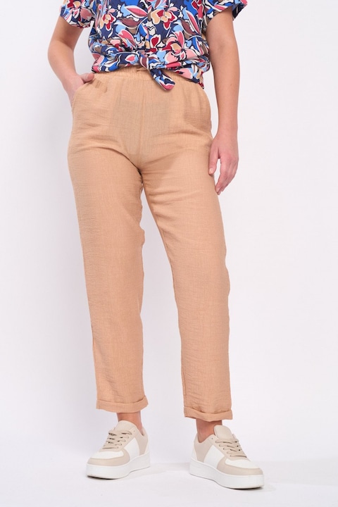 Дамски панталон едноцветен с джобове Kenvelo Beige XL INTL