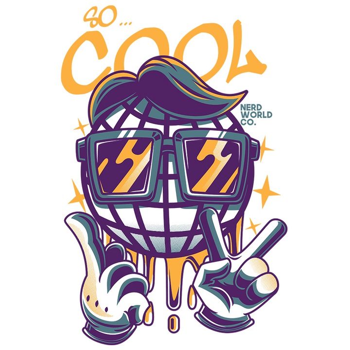 Sticker Cu Minge Cu Peruca Maro Ochelarii De Soare, Semn Cu Mani Peace, Text In Engleza So Cool, Iubitorii De Graffiti, cu Margini Albe, PVC Vinyl 10 cm