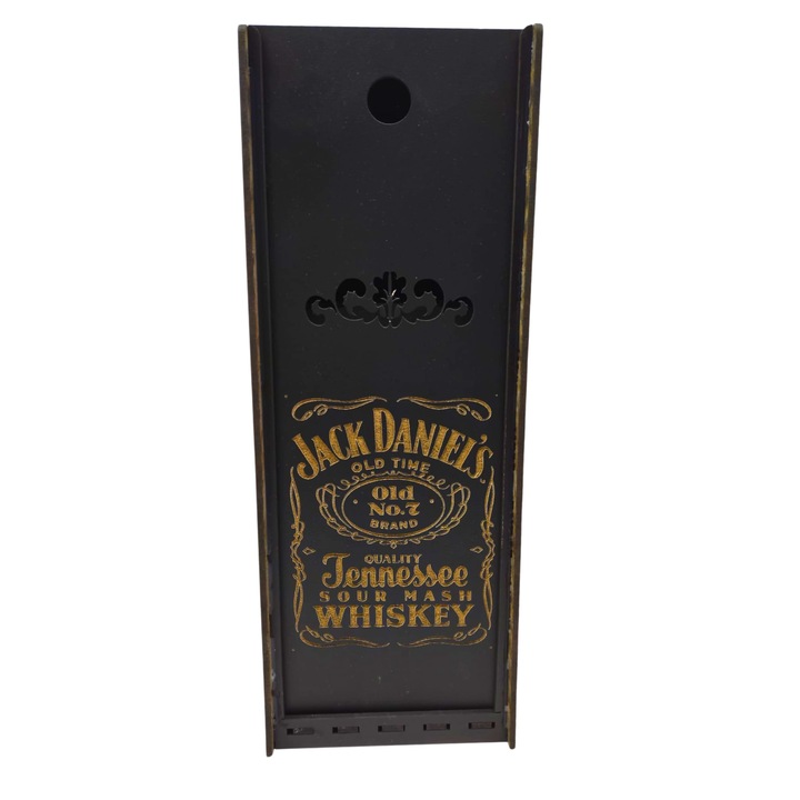 Cutie din lemn pentru whiskey, Jack Daniels, negru - sigla gravata, pentru aniversare, onomastica, pentru sticla 700 ml, 27x10x10 cm